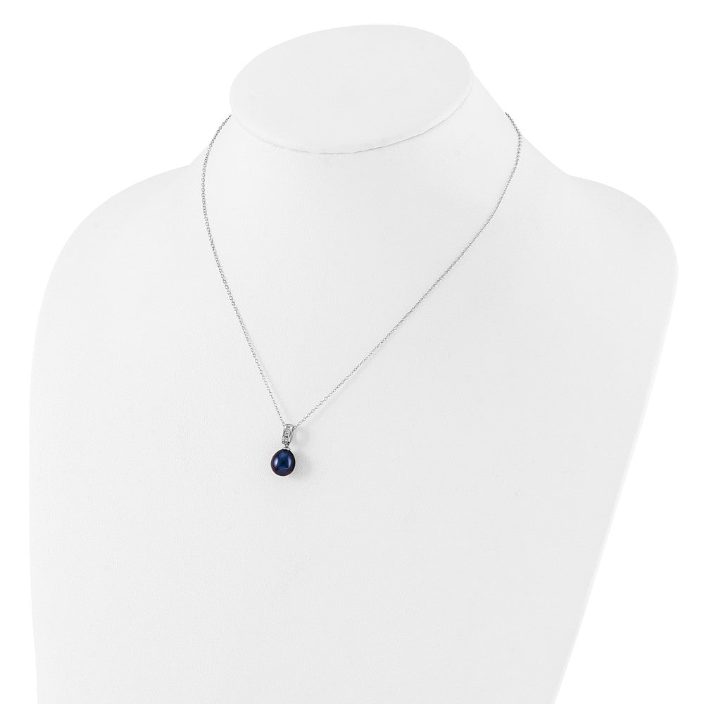 PSSN Sterling Silver Rhodium-plated 8-9mm Black Teardrop Freshwater Cultured Pearl and CZ 17 inch Necklace