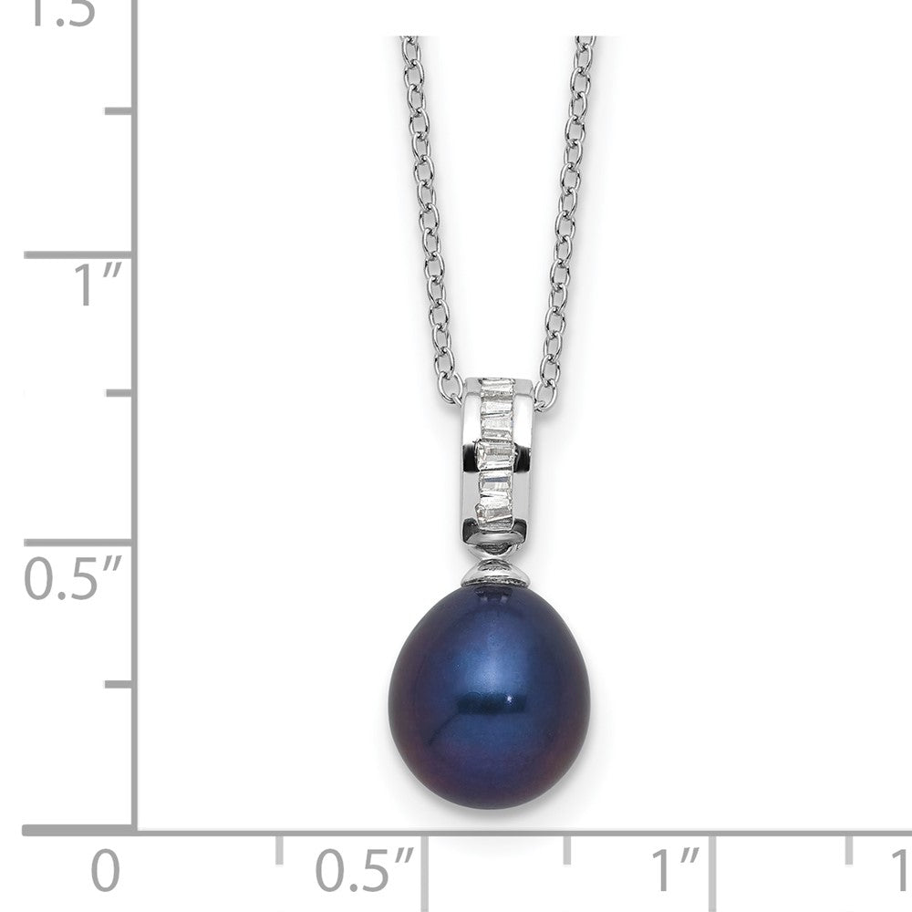 PSSN Sterling Silver Rhodium-plated 8-9mm Black Teardrop Freshwater Cultured Pearl and CZ 17 inch Necklace