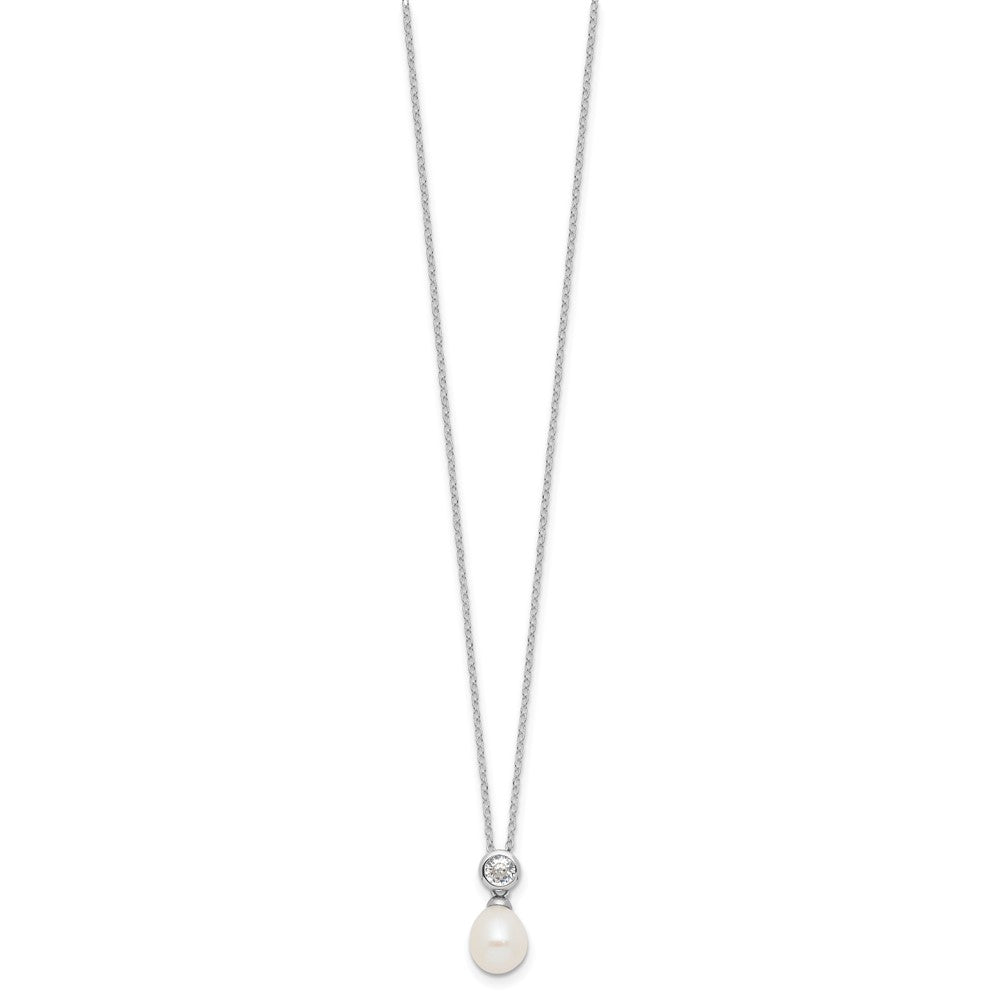 PSSN Sterling Silver Rhodium-plated 7-8mm White Rice Freshwater Cultured Pearl and CZ 17 inch Necklace