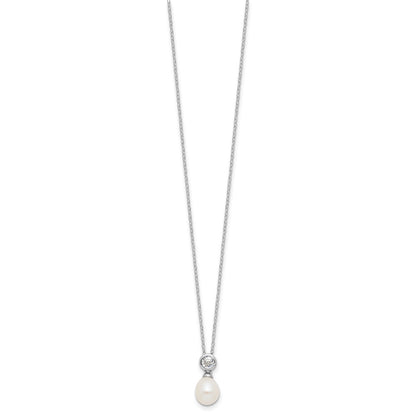 PSSN Sterling Silver Rhodium-plated 7-8mm White Rice Freshwater Cultured Pearl and CZ 17 inch Necklace