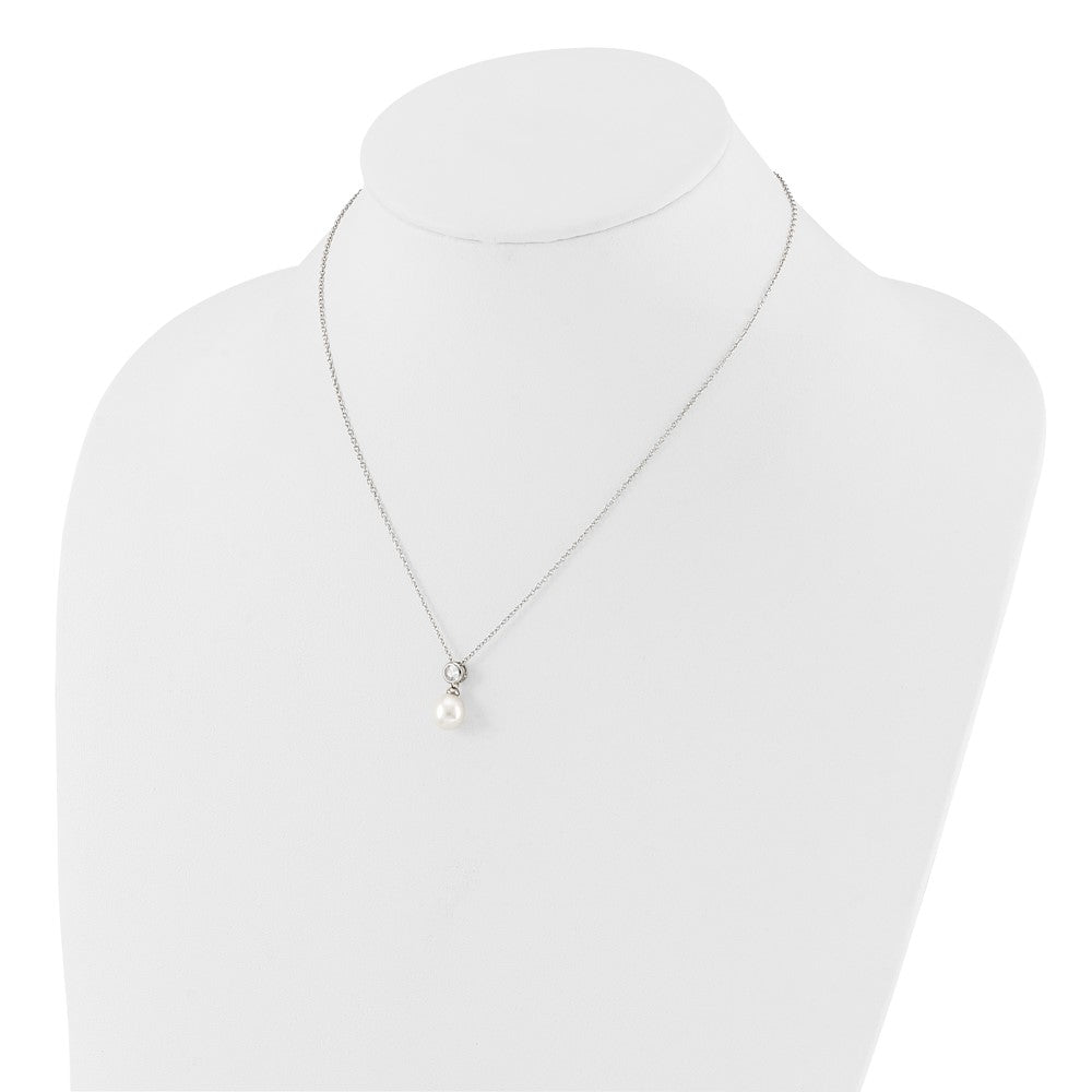 PSSN Sterling Silver Rhodium-plated 7-8mm White Rice Freshwater Cultured Pearl and CZ 17 inch Necklace
