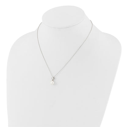 PSSN Sterling Silver Rhodium-plated 7-8mm White Rice Freshwater Cultured Pearl and CZ 17 inch Necklace