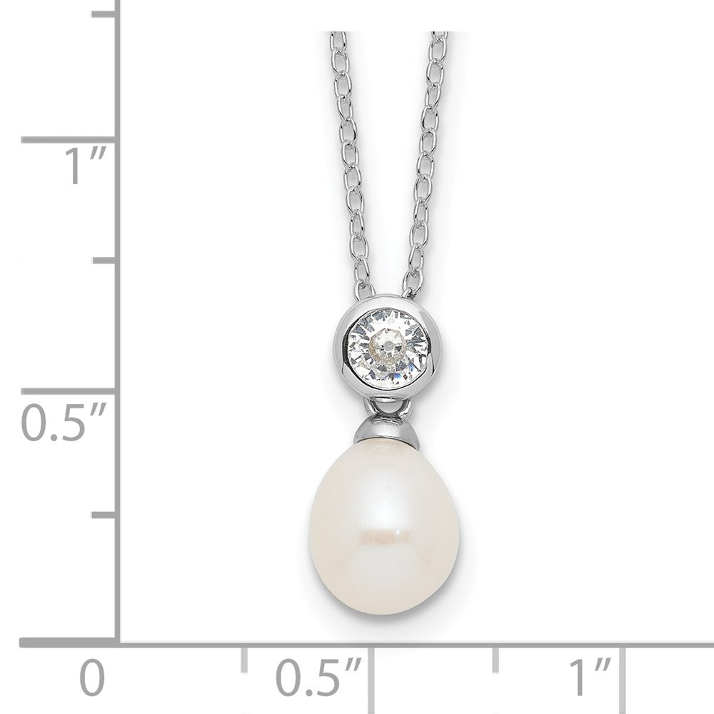 PSSN Sterling Silver Rhodium-plated 7-8mm White Rice Freshwater Cultured Pearl and CZ 17 inch Necklace