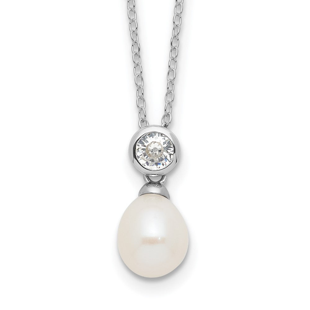 PSSN Sterling Silver Rhodium-plated 7-8mm White Rice Freshwater Cultured Pearl and CZ 17 inch Necklace
