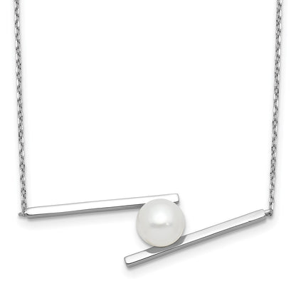 PSSN Sterling Silver Rhodium-plated 8-9mm White Round Freshwater Cultured Pearl 16 inch with 1.5 inch Extension Necklace