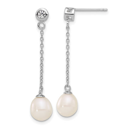 PSSN Sterling Silver Rhodium-plated 7-8mm White Teardrop Freshwater Cultured Pearl and CZ 17 inch Necklace and Post Dangle Earrings Set