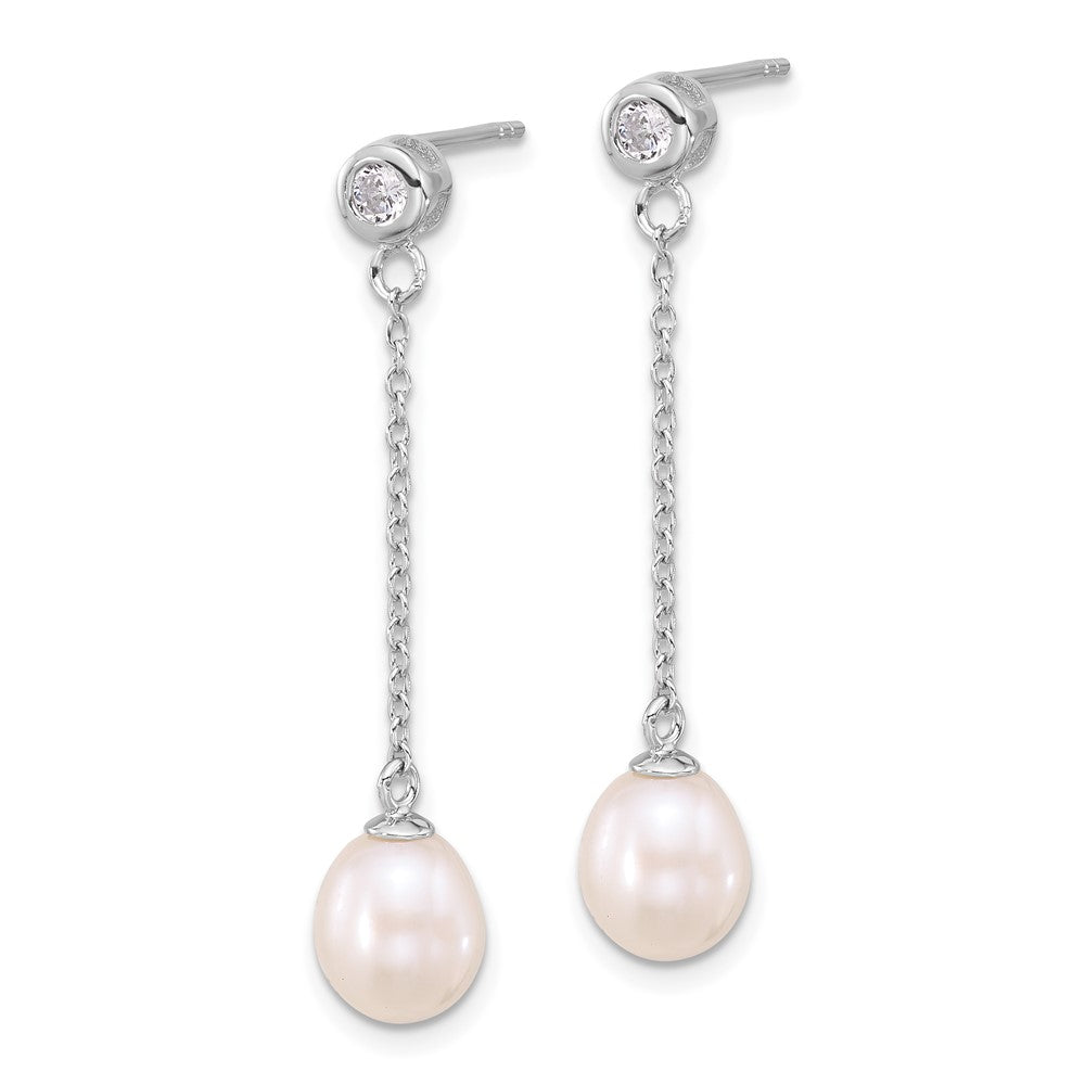 PSSN Sterling Silver Rhodium-plated 7-8mm White Teardrop Freshwater Cultured Pearl and CZ 17 inch Necklace and Post Dangle Earrings Set