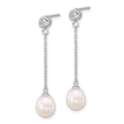 PSSN Sterling Silver Rhodium-plated 7-8mm White Teardrop Freshwater Cultured Pearl and CZ 17 inch Necklace and Post Dangle Earrings Set