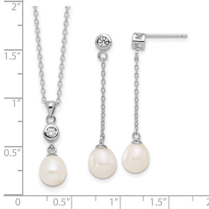 PSSN Sterling Silver Rhodium-plated 7-8mm White Teardrop Freshwater Cultured Pearl and CZ 17 inch Necklace and Post Dangle Earrings Set