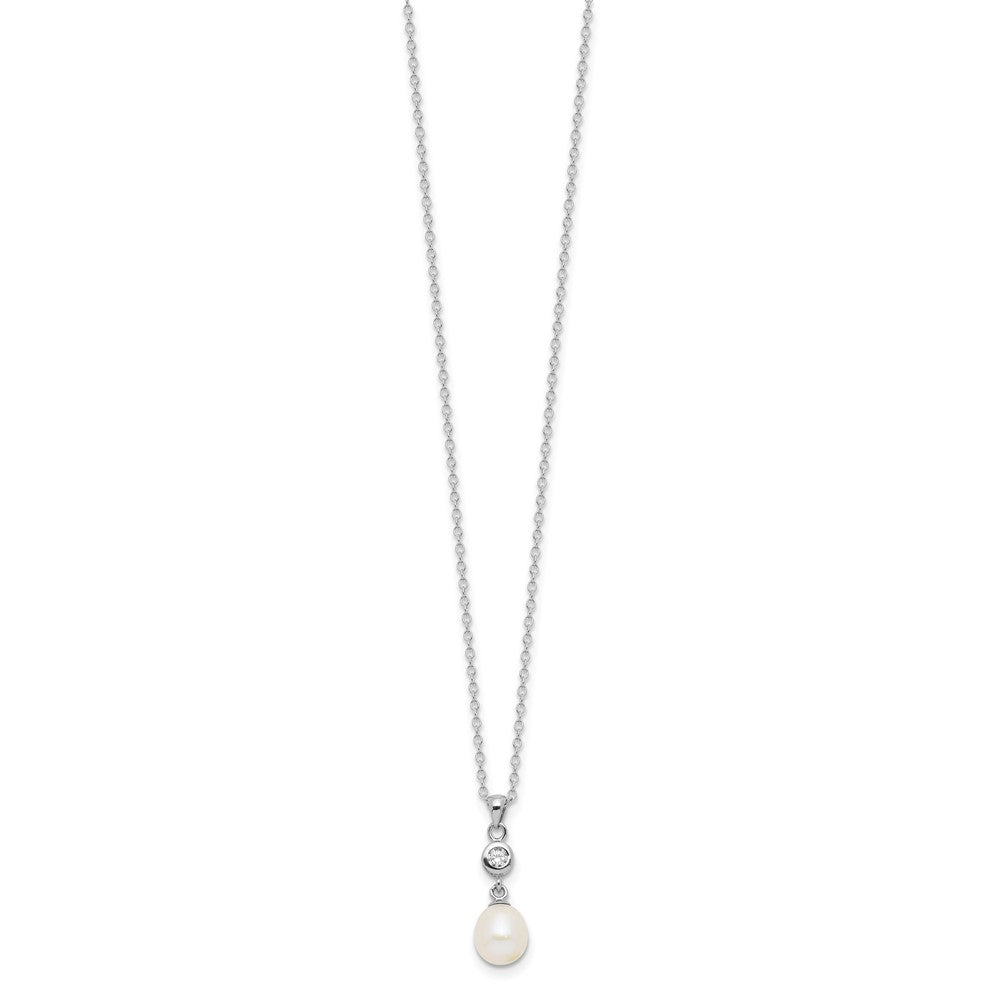 PSSN Sterling Silver Rhodium-plated 7-8mm White Teardrop Freshwater Cultured Pearl and CZ 17 inch Necklace and Post Dangle Earrings Set