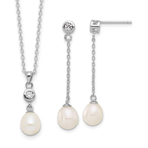 PSSN Sterling Silver Rhodium-plated 7-8mm White Teardrop Freshwater Cultured Pearl and CZ 17 inch Necklace and Post Dangle Earrings Set
