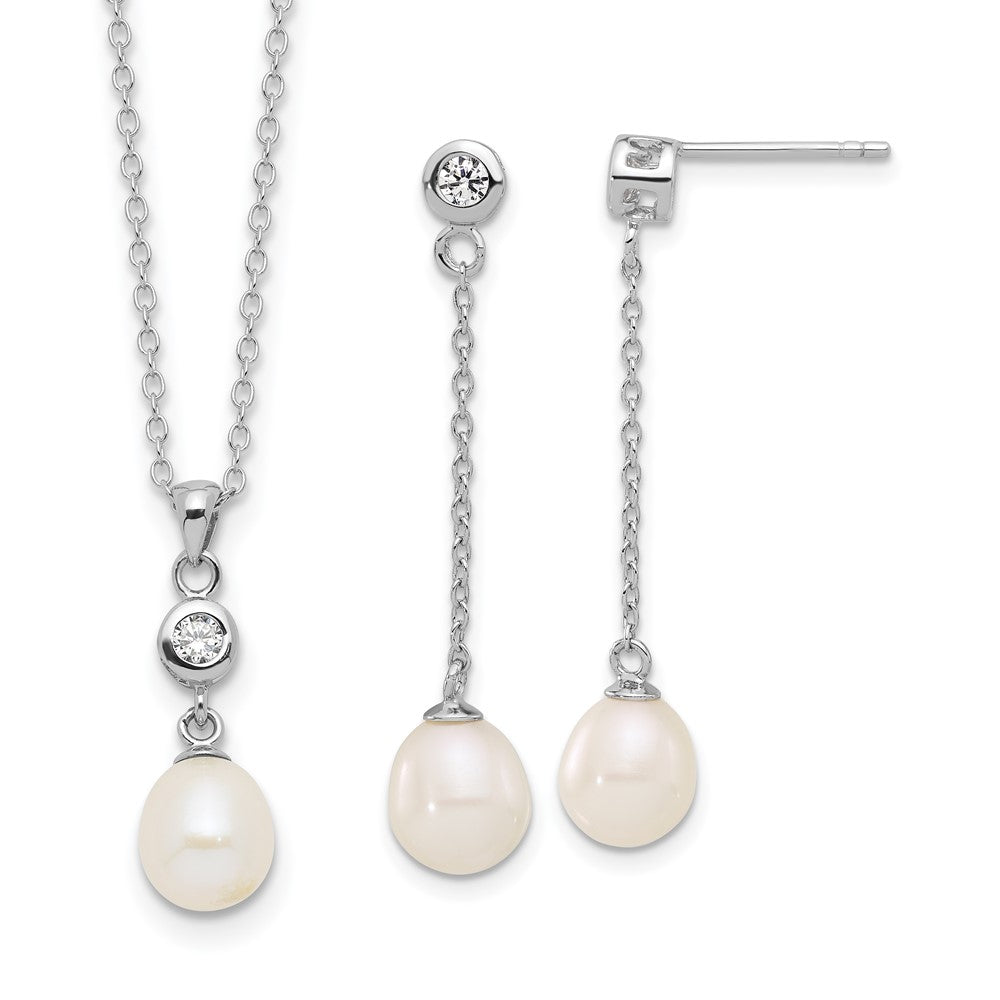 PSSN Sterling Silver Rhodium-plated 7-8mm White Teardrop Freshwater Cultured Pearl and CZ 17 inch Necklace and Post Dangle Earrings Set