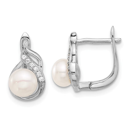 PSSE Sterling Silver Rhodium-plated 6-9mm White Button Freshwater Cultured Pearl and CZ 17 inch Necklace and Leverback Earrings Set