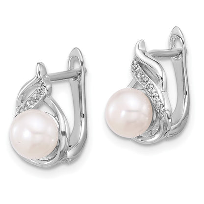 PSSE Sterling Silver Rhodium-plated 6-9mm White Button Freshwater Cultured Pearl and CZ 17 inch Necklace and Leverback Earrings Set