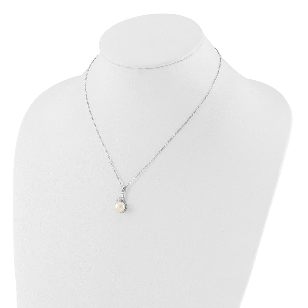 PSSE Sterling Silver Rhodium-plated 6-9mm White Button Freshwater Cultured Pearl and CZ 17 inch Necklace and Leverback Earrings Set