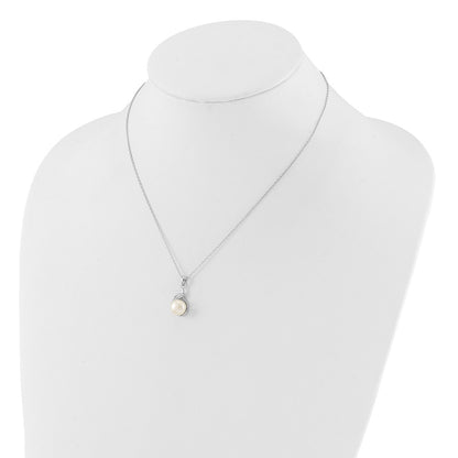 PSSE Sterling Silver Rhodium-plated 6-9mm White Button Freshwater Cultured Pearl and CZ 17 inch Necklace and Leverback Earrings Set