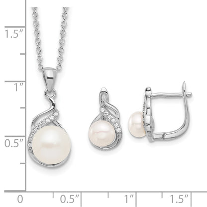 PSSE Sterling Silver Rhodium-plated 6-9mm White Button Freshwater Cultured Pearl and CZ 17 inch Necklace and Leverback Earrings Set