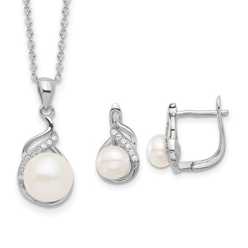 PSSE Sterling Silver Rhodium-plated 6-9mm White Button Freshwater Cultured Pearl and CZ 17 inch Necklace and Leverback Earrings Set