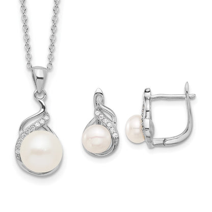 PSSE Sterling Silver Rhodium-plated 6-9mm White Button Freshwater Cultured Pearl and CZ 17 inch Necklace and Leverback Earrings Set