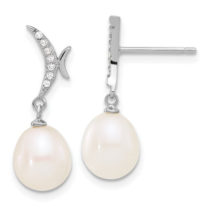 PSSN Sterling Silver Rhodium-plated 7-9mm White Teardrop Freshwater Cultured Pearl and CZ 18 inch Necklace and Post Dangle Earrings Set