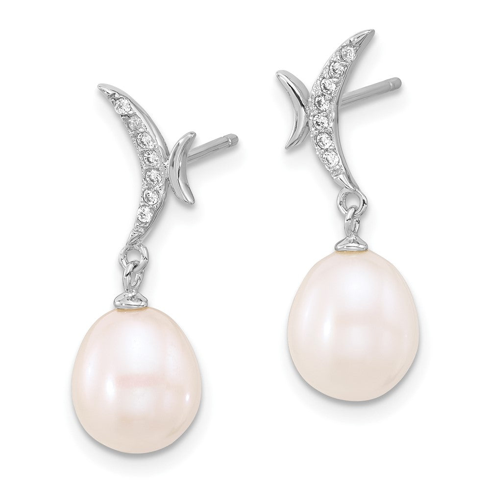 PSSN Sterling Silver Rhodium-plated 7-9mm White Teardrop Freshwater Cultured Pearl and CZ 18 inch Necklace and Post Dangle Earrings Set