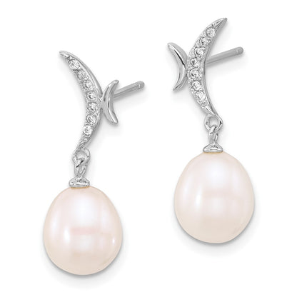 PSSN Sterling Silver Rhodium-plated 7-9mm White Teardrop Freshwater Cultured Pearl and CZ 18 inch Necklace and Post Dangle Earrings Set