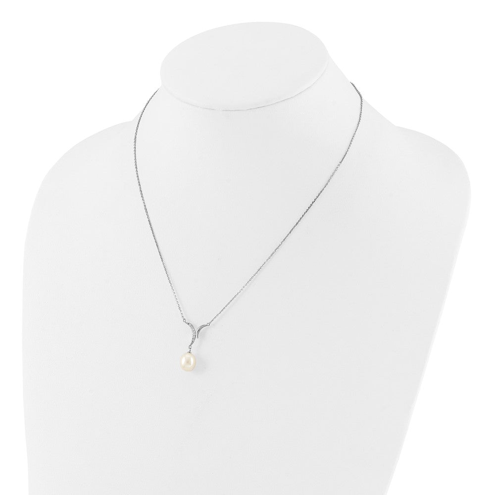 PSSN Sterling Silver Rhodium-plated 7-9mm White Teardrop Freshwater Cultured Pearl and CZ 18 inch Necklace and Post Dangle Earrings Set