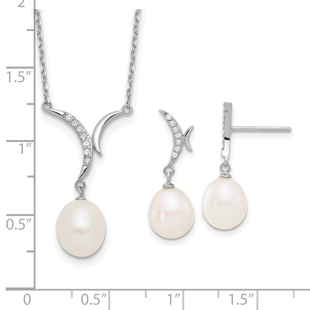 PSSN Sterling Silver Rhodium-plated 7-9mm White Teardrop Freshwater Cultured Pearl and CZ 18 inch Necklace and Post Dangle Earrings Set