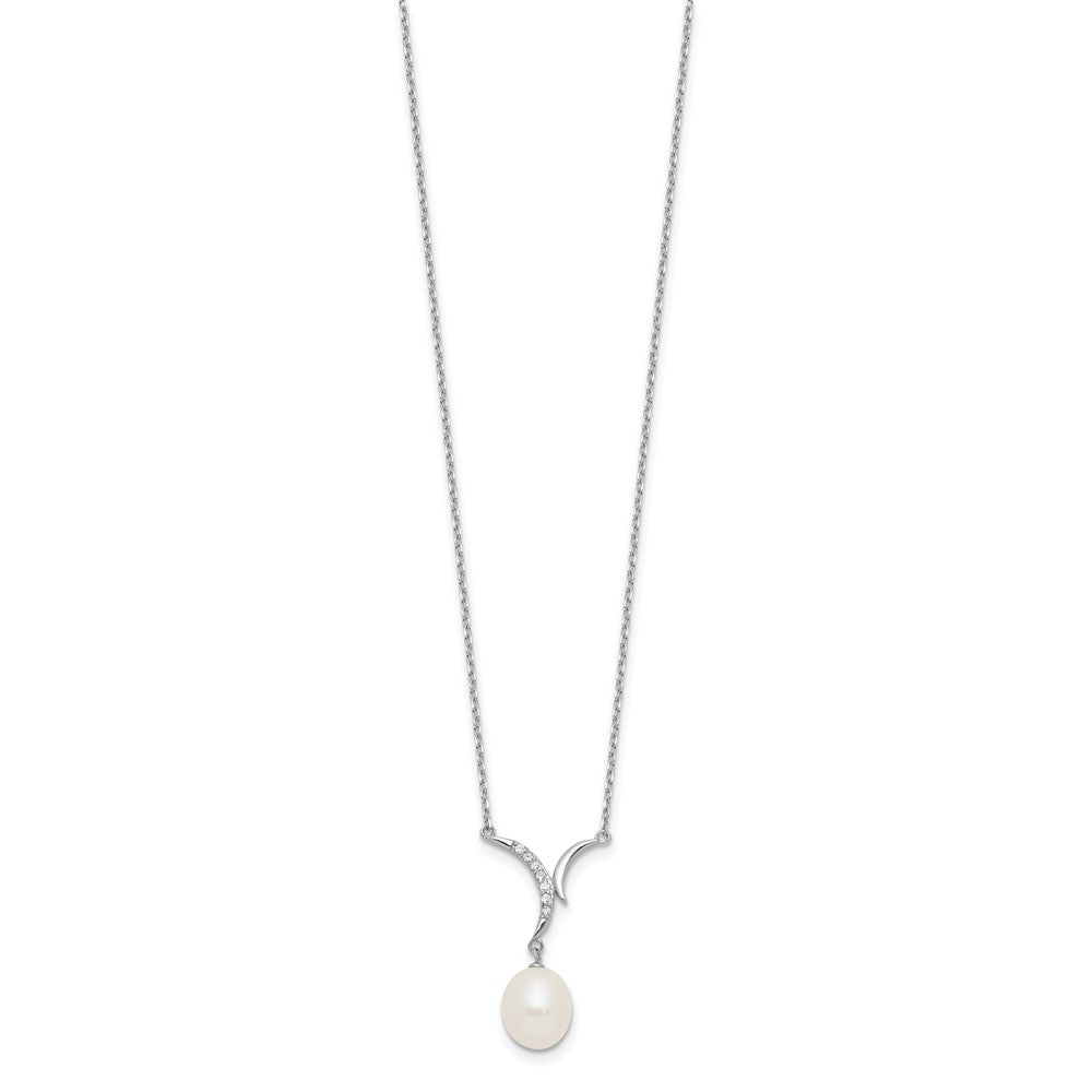PSSN Sterling Silver Rhodium-plated 7-9mm White Teardrop Freshwater Cultured Pearl and CZ 18 inch Necklace and Post Dangle Earrings Set