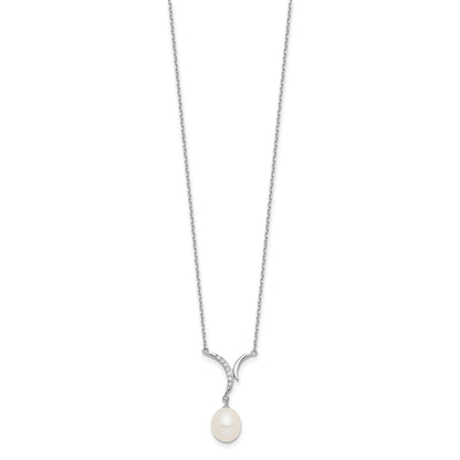 PSSN Sterling Silver Rhodium-plated 7-9mm White Teardrop Freshwater Cultured Pearl and CZ 18 inch Necklace and Post Dangle Earrings Set