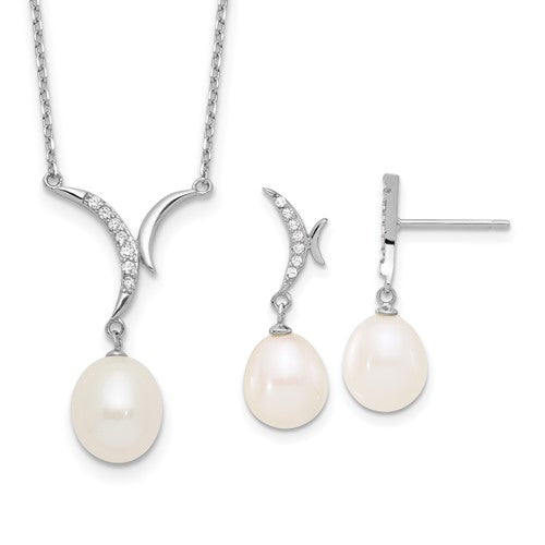 PSSN Sterling Silver Rhodium-plated 7-9mm White Teardrop Freshwater Cultured Pearl and CZ 18 inch Necklace and Post Dangle Earrings Set