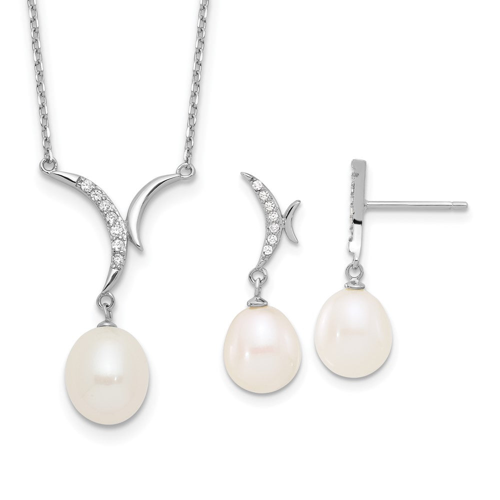 PSSN Sterling Silver Rhodium-plated 7-9mm White Teardrop Freshwater Cultured Pearl and CZ 18 inch Necklace and Post Dangle Earrings Set