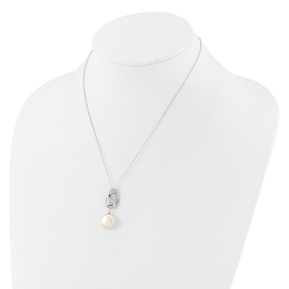 PSSN Sterling Silver Rhodium-plated 13-14mm White Coin Freshwater Cultured Pearl 17 inch Necklace and Post Dangle Earrings Set