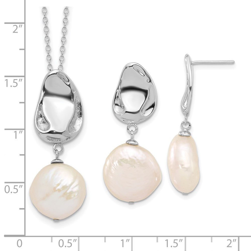 PSSN Sterling Silver Rhodium-plated 13-14mm White Coin Freshwater Cultured Pearl 17 inch Necklace and Post Dangle Earrings Set
