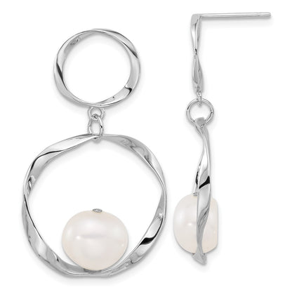 PSSE Sterling Silver Rhodium-plated 10-11mm White Button Freshwater Cultured Pearl 15.5 inch with 1.75 inch Necklace and Post Dangle Earrings Set