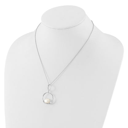 PSSE Sterling Silver Rhodium-plated 10-11mm White Button Freshwater Cultured Pearl 15.5 inch with 1.75 inch Necklace and Post Dangle Earrings Set