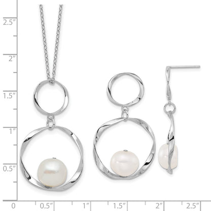 PSSE Sterling Silver Rhodium-plated 10-11mm White Button Freshwater Cultured Pearl 15.5 inch with 1.75 inch Necklace and Post Dangle Earrings Set