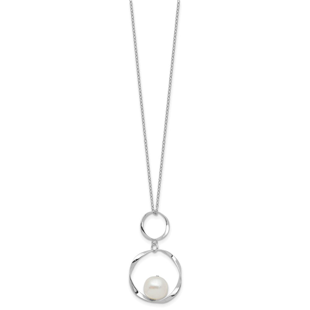 PSSE Sterling Silver Rhodium-plated 10-11mm White Button Freshwater Cultured Pearl 15.5 inch with 1.75 inch Necklace and Post Dangle Earrings Set
