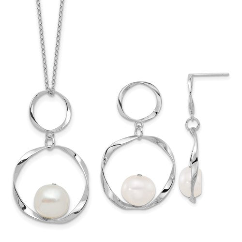 PSSE Sterling Silver Rhodium-plated 10-11mm White Button Freshwater Cultured Pearl 15.5 inch with 1.75 inch Necklace and Post Dangle Earrings Set