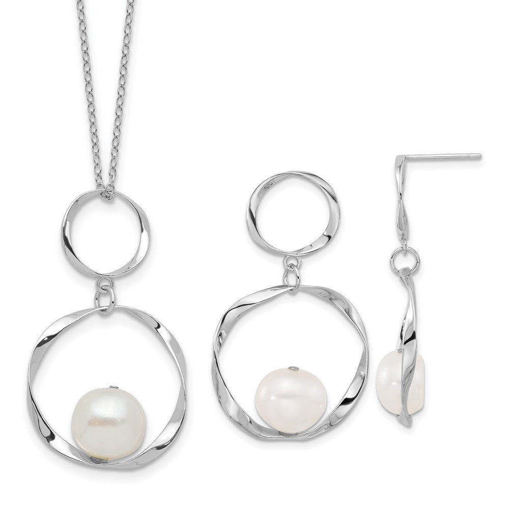 PSSE Sterling Silver Rhodium-plated 10-11mm White Button Freshwater Cultured Pearl 15.5 inch with 1.75 inch Necklace and Post Dangle Earrings Set