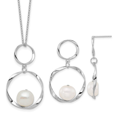 PSSE Sterling Silver Rhodium-plated 10-11mm White Button Freshwater Cultured Pearl 15.5 inch with 1.75 inch Necklace and Post Dangle Earrings Set