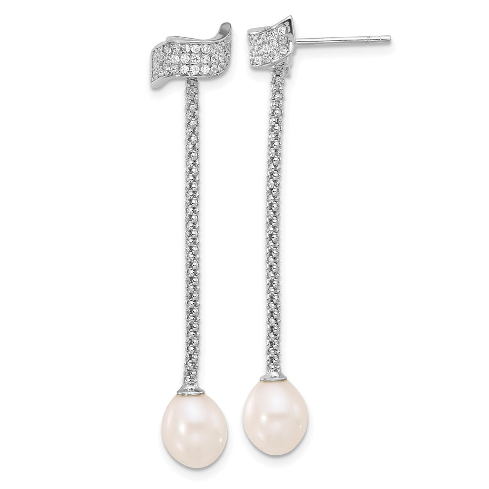 PSSN Sterling Silver Rhodium-plated 8-10mm White Teardrop Freshwater Cultured Pearl and CZ 18 inch with 2 inch Extension Necklace and Post Dangle Earrings Set