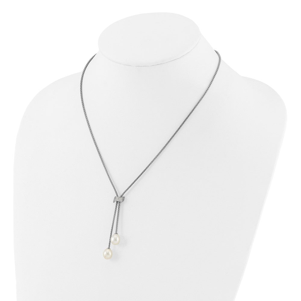 PSSN Sterling Silver Rhodium-plated 8-10mm White Teardrop Freshwater Cultured Pearl and CZ 18 inch with 2 inch Extension Necklace and Post Dangle Earrings Set