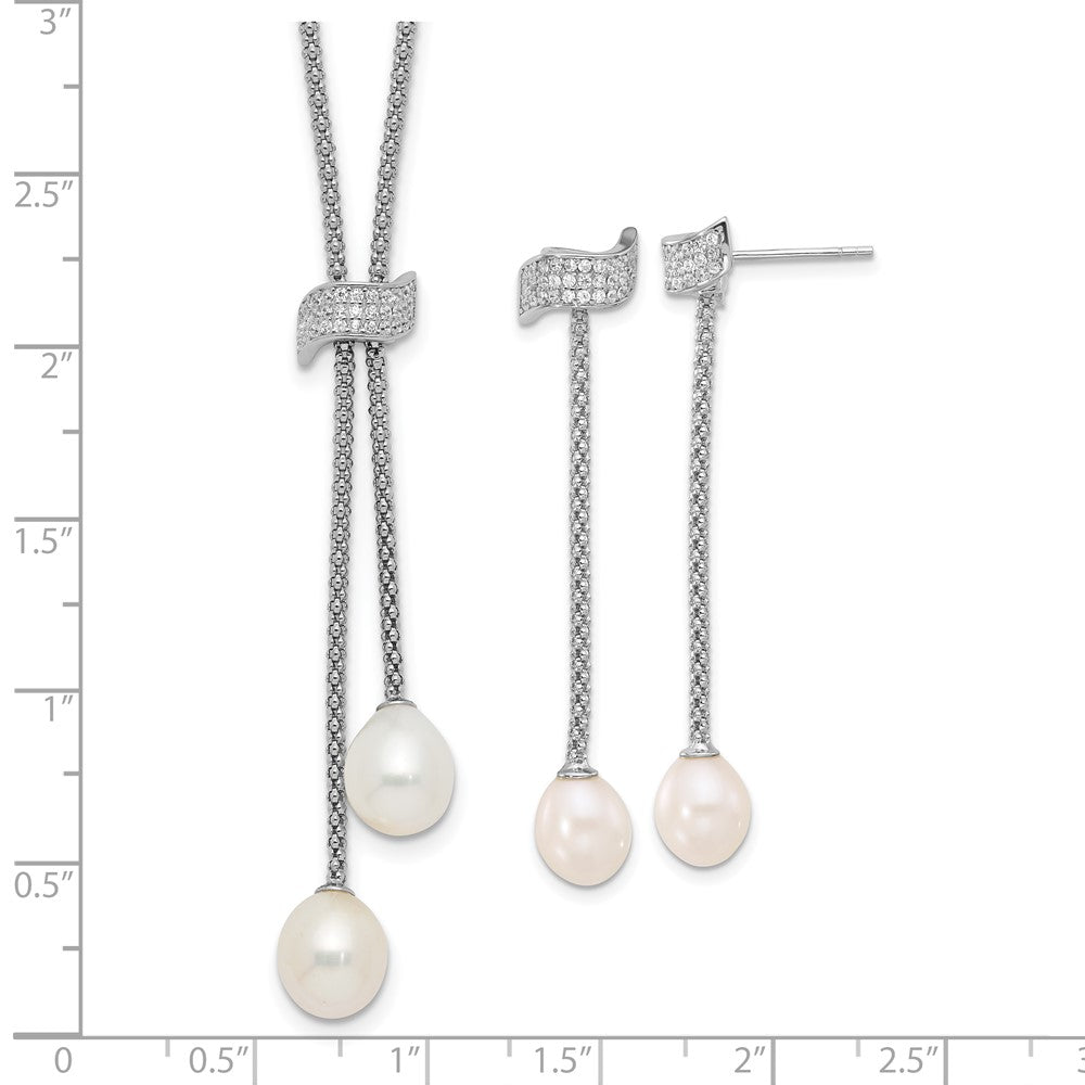 PSSN Sterling Silver Rhodium-plated 8-10mm White Teardrop Freshwater Cultured Pearl and CZ 18 inch with 2 inch Extension Necklace and Post Dangle Earrings Set