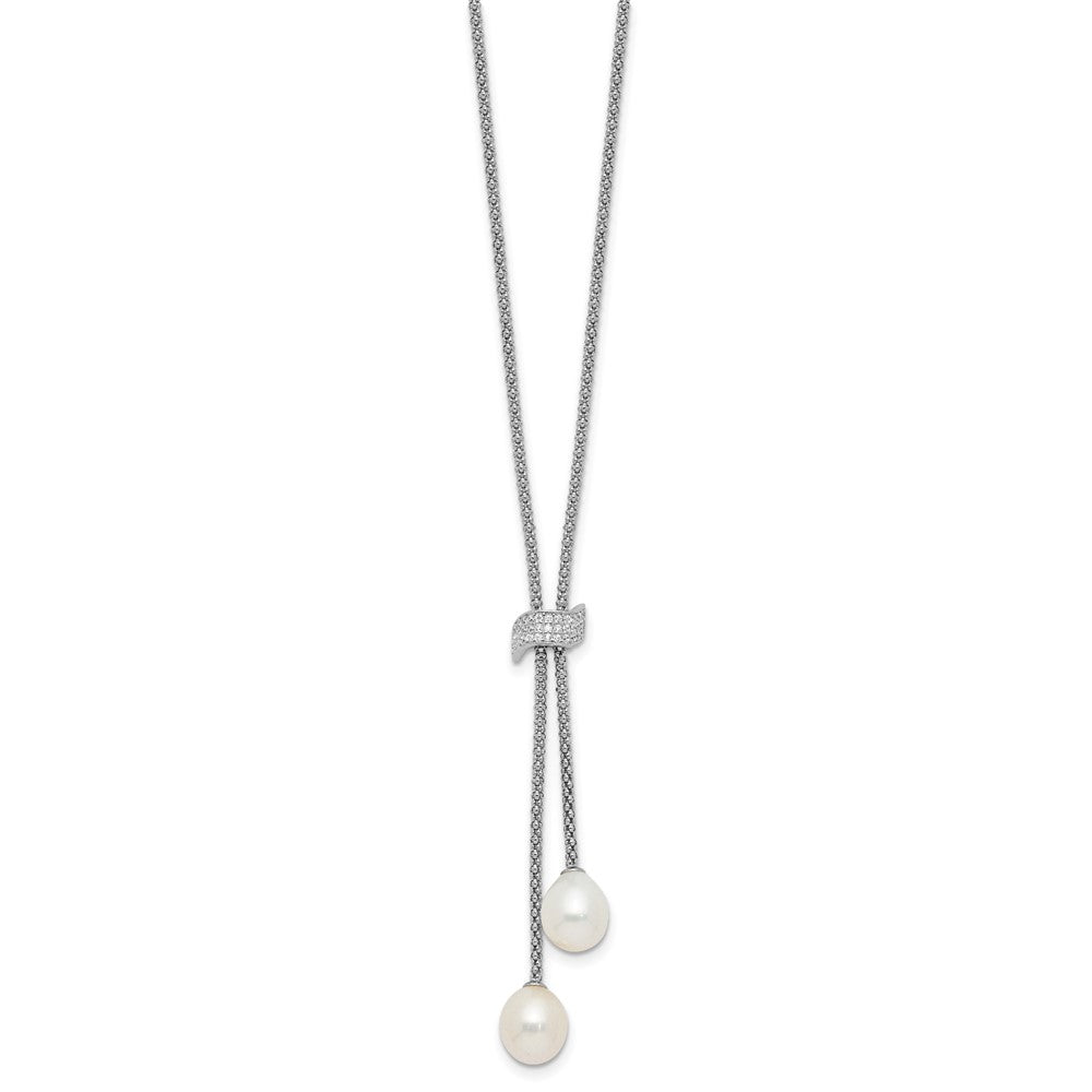 PSSN Sterling Silver Rhodium-plated 8-10mm White Teardrop Freshwater Cultured Pearl and CZ 18 inch with 2 inch Extension Necklace and Post Dangle Earrings Set