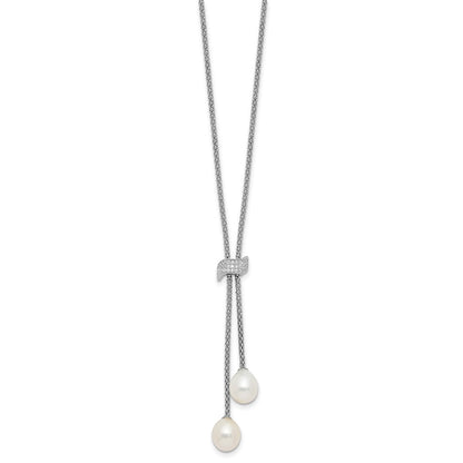 PSSN Sterling Silver Rhodium-plated 8-10mm White Teardrop Freshwater Cultured Pearl and CZ 18 inch with 2 inch Extension Necklace and Post Dangle Earrings Set