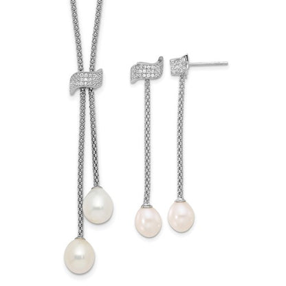 PSSN Sterling Silver Rhodium-plated 8-10mm White Teardrop Freshwater Cultured Pearl and CZ 18 inch with 2 inch Extension Necklace and Post Dangle Earrings Set