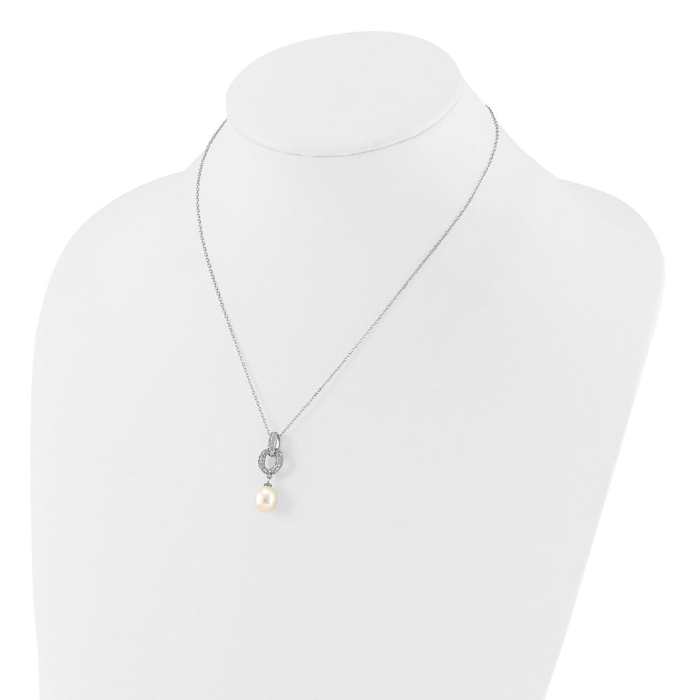 PSSN Sterling Silver Rhodium-plated 7-9mm White Teardrop Freshwater Cultured Pearl and CZ 17 inch Necklace and Post Dangle Earrings Set