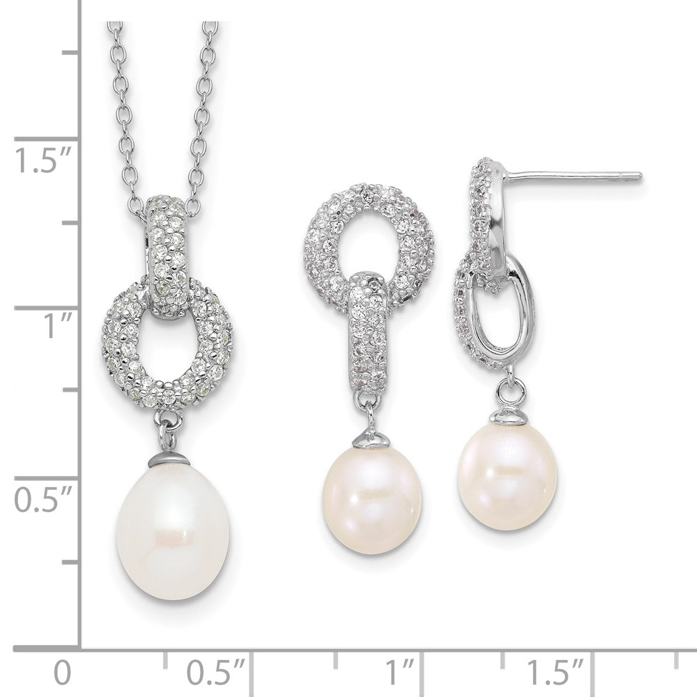 PSSN Sterling Silver Rhodium-plated 7-9mm White Teardrop Freshwater Cultured Pearl and CZ 17 inch Necklace and Post Dangle Earrings Set