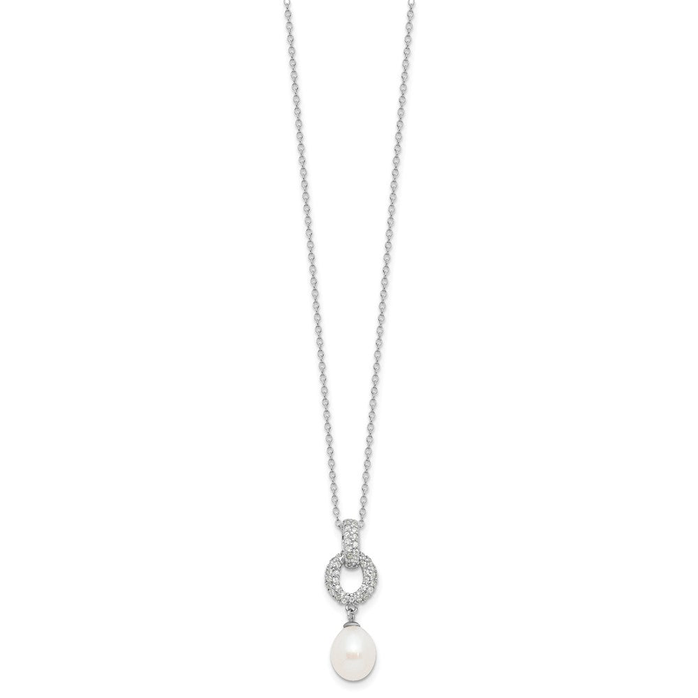 PSSN Sterling Silver Rhodium-plated 7-9mm White Teardrop Freshwater Cultured Pearl and CZ 17 inch Necklace and Post Dangle Earrings Set